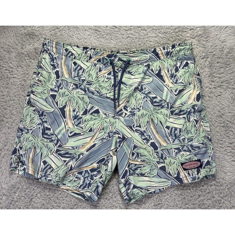 Vineyard Vines Mens Chappy Swim Trunks Bathing Suit Large Pockets Palm Trees